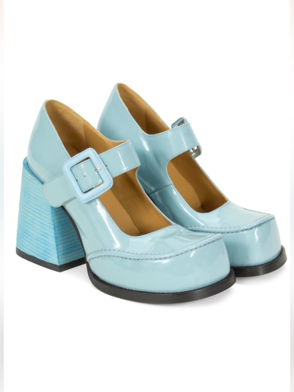 Light Blue Patent Mary Jane Block Heel Pumps